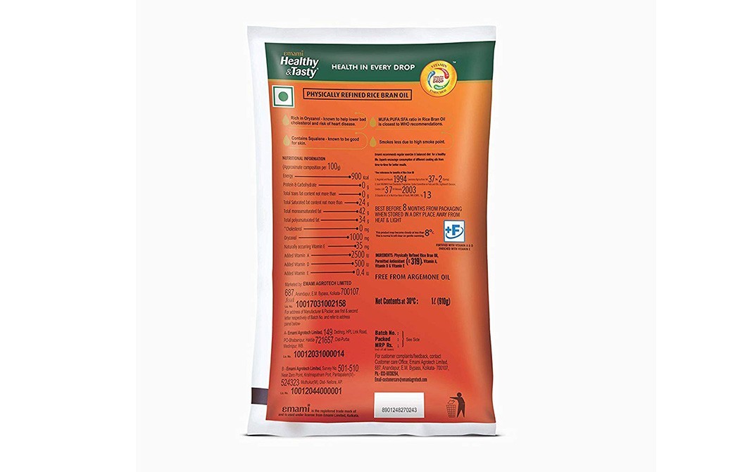 Emami Healthy & Tasty Physically Refined Rice Bran Oil   Pouch  1 litre